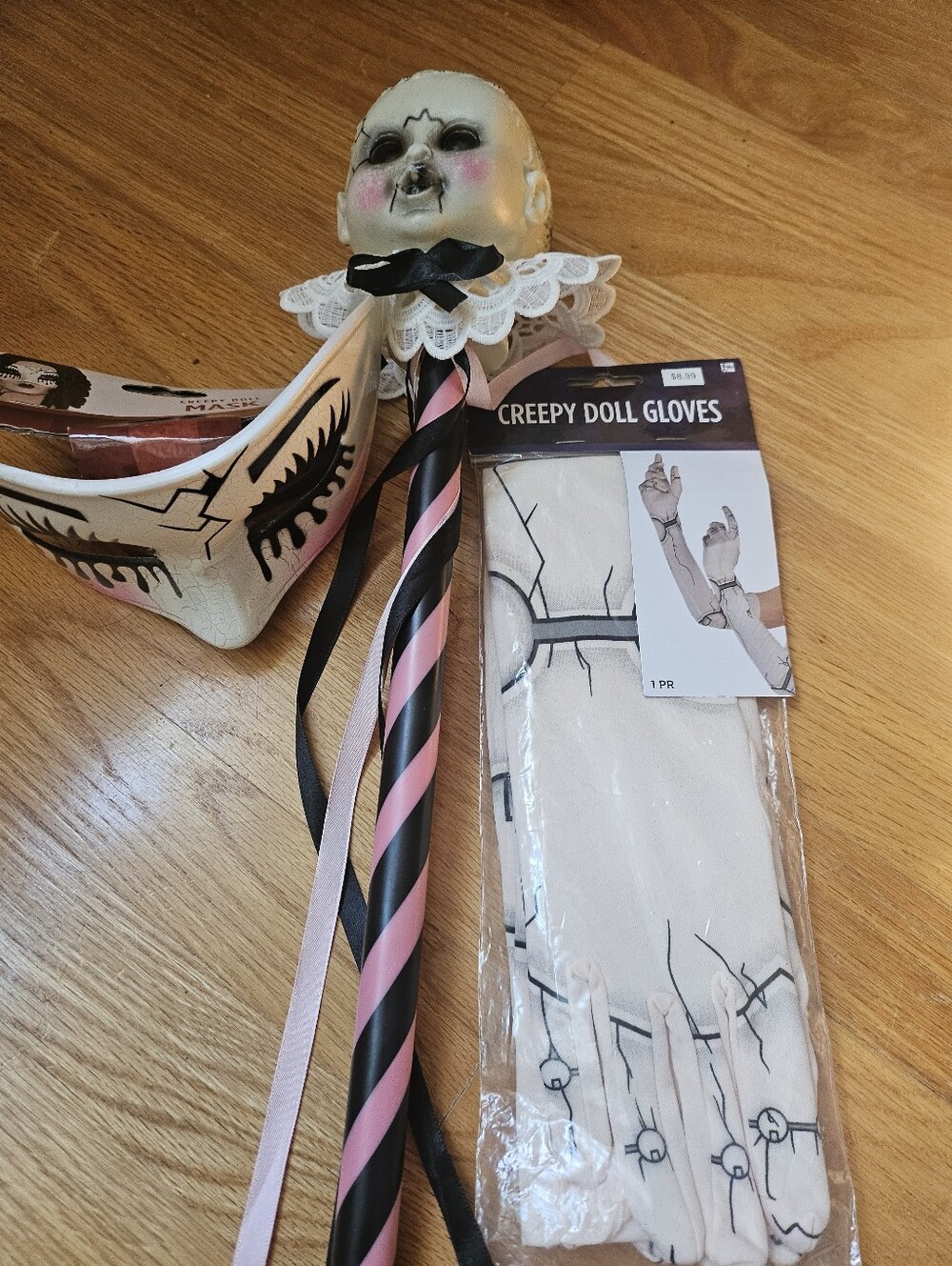Halloween Creepy Doll Accessories:Gloves- Mask and Pink/Black Ribbon Wand - NEW